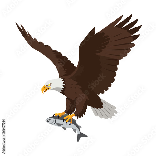 Majestic eagle soaring through the sky while clutching a fish in its talons, flat vector illustration showcasing wildlife and natures beauty