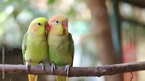Lovebirds' Serenade: A pair of vibrant lovebirds snuggle on a perch, their bright plumage contrasting against the soft background of leafy foliage.