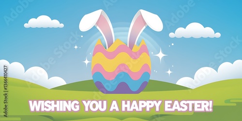 A vibrant Easter scene with a large colorful egg featuring wavy patterns in blue pink yellow purple, with bunny ears emerging, set against a serene landscape and 'Wishing you a Happy Easter!' message