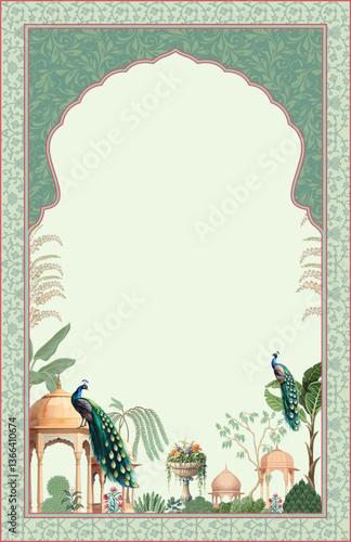 Traditional Mughal wedding invitation. Mughal wedding ceremony invitation card design.
