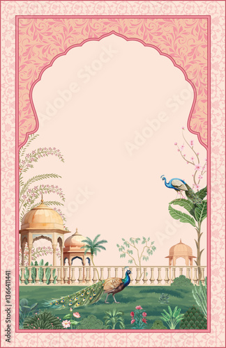 Traditional Mughal wedding invitation. Mughal wedding ceremony invitation card design.
