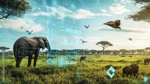 Fototapeta Naklejka Na Ścianę i Meble -  An AI powered system enhancing wildlife conservation by analyzing animal movement data, AI-assisted habitat protection, and real-time biodiversity tracking for improved conservation efforts