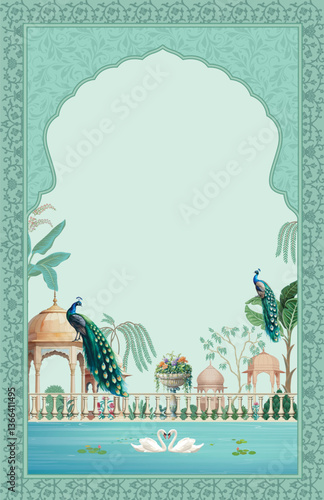 Traditional Mughal wedding invitation. Mughal wedding ceremony invitation card design.
