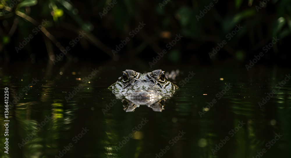 Obraz premium Alligator Sits Submerged in Murky Water, Only Eyes Visible Above the Surface