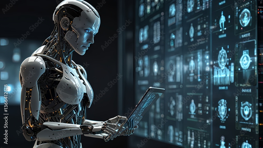 Futuristic robot artificial intelligence humanoid AI with tablet in her hand programming coding technology development and machine learning concept. in front of him are many transparent glass screens