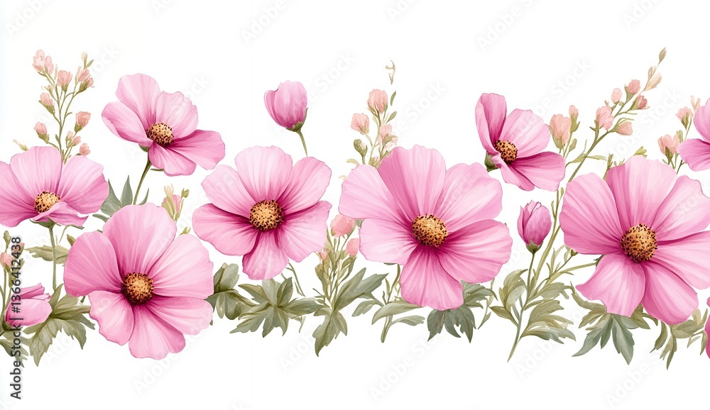 Fototapeta premium Delicate Pink Cosmos Flowers Watercolor Seamless Border Elegant Floral Design Botanical Illustration