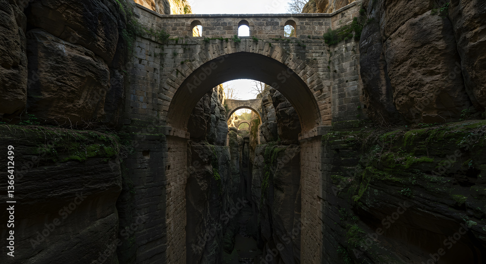 Fototapeta premium Magnificent stone bridge structure spanning a dramatic subterranean chasm landscape
