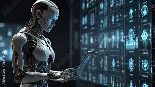 Obraz na płótnie Futuristic robot artificial intelligence humanoid AI with tablet in her hand programming coding technology development and machine learning concept. in front of him are many transparent glass screens w salonie
