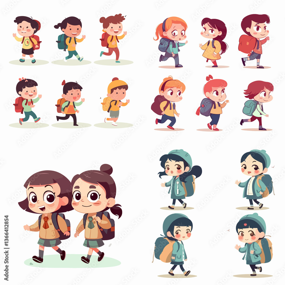 A group of children are walking and running with backpacks A group of children are walking and running with backpacks
