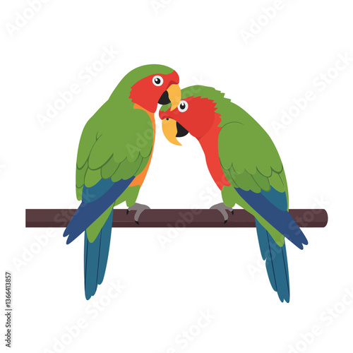 Two colorful lovebirds perched closely together on a branch, illustrated in a flat design style, showcasing affection in vibrant vector art