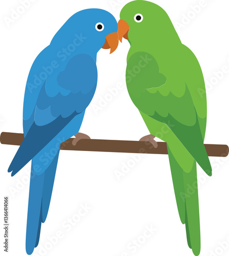 Two colorful parrots perched closely together on a branch in a flat vector illustration showcasing a warm, affectionate moment between them