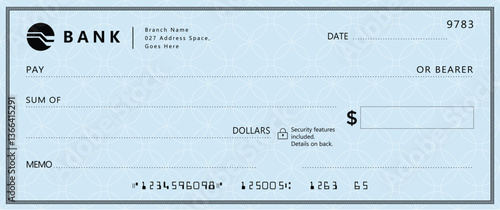 Blue Bank check, vector blank money cheque, checkbook template with guilloche pattern and fields. Currency payment coupon, money check background