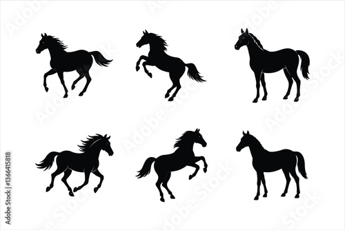 A set of six Marwari horse vector silhouette designs. Simple collection. Isolated bundle on white background.