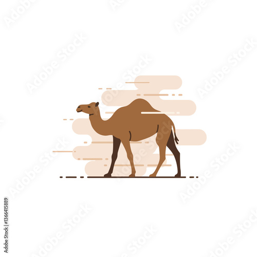 A solitary camel walking gracefully across a sandy landscape in a minimal style, evoking tranquility and adventure in vector art