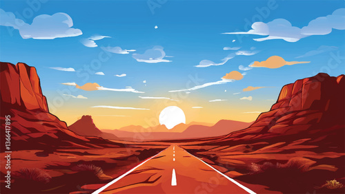 Road passing through a desert. Road landscape. Sunset view. Desert landscape. Vector illustration.