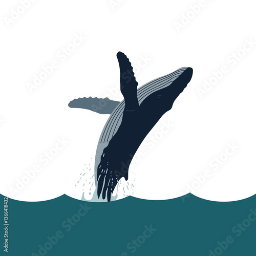 Majestic whale breaching the ocean surface in a minimal flat style vector art