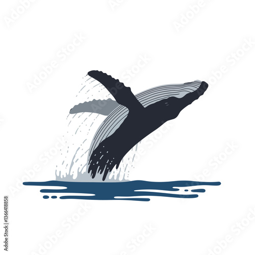 Majestic whale breaching the ocean surface in a dynamic pose, showcasing flat design style in vibrant blue and grey tones, vector art