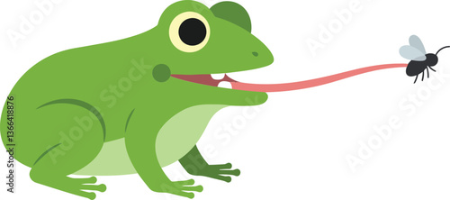 A green frog with a long tongue catching a fly in a playful and vibrant flat vector illustration