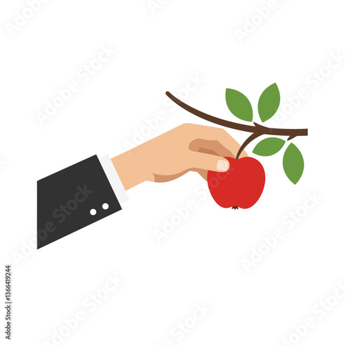 Hand reaching for a ripe red apple on a branch in a flat and minimal vector illustration