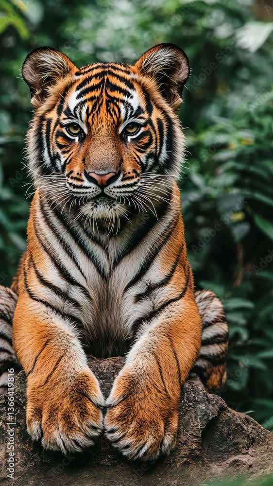 Majestic tiger resting in lush greenery during a serene afternoon in the wild Majestic tiger resting in lush greenery during a serene afternoon in the wild