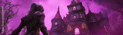Woman approaches haunted castle, dark forest, purple sky, fantasy game art