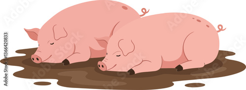 Two sleeping pigs nestled in brown mud, designed in a flat and minimal style, showcasing peacefulness and comfort in vector art