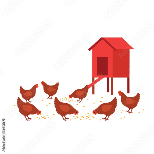 A group of red hens pecking at scattered feed near a bright red chicken coop in flat vector art