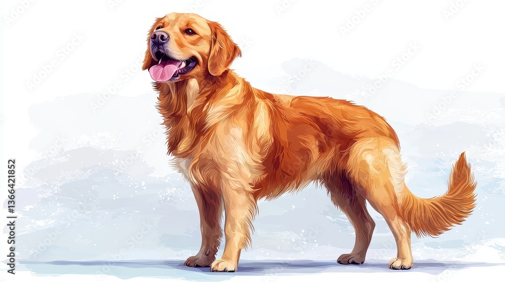 A cheerful golden retriever stands proudly, showcasing its fluffy coat and friendly demeanor in a vibrant, artistic depiction. A cheerful golden retriever stands proudly, showcasing its fluffy coat and friendly demeanor in a vibrant, artistic depiction.
