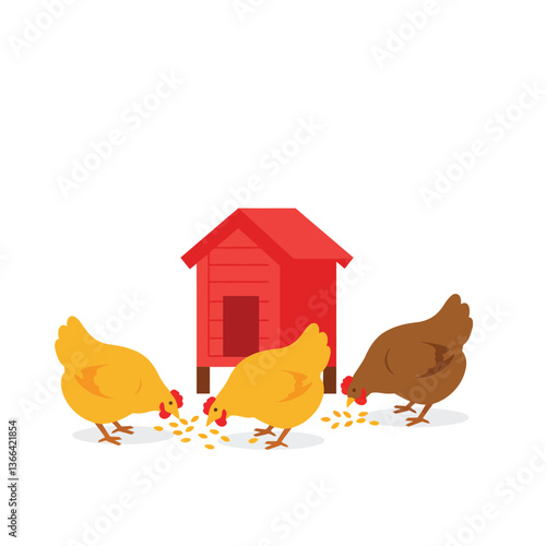 Three chickens pecking at grains near a bright red chicken coop in a cheerful flat vector illustration