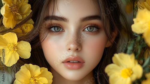 Young woman surrounded by yellow flowers, radiant beauty