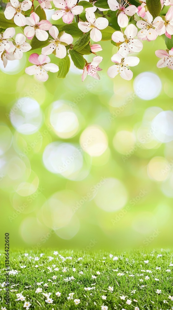 Spring blossoms over green grass bokeh background, perfect for cards or websites