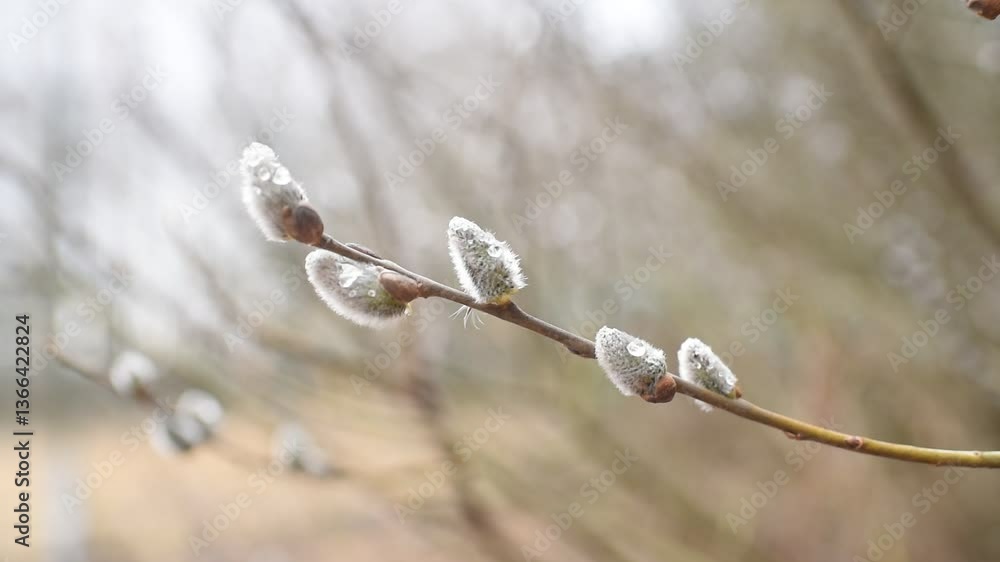 water drops on willow branches on a blurred background of a park water drops on willow branches on a blurred background of a park