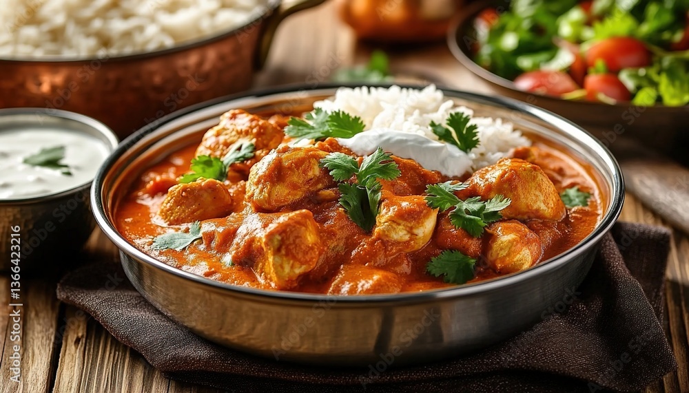 A rich Indian chicken curry served in a metal bowl, with vibrant orange-red curry sauce, chunks of chicken, garnished with fresh cilantro A rich Indian chicken curry served in a metal bowl, with vibrant orange-red curry sauce, chunks of chicken, garnished with fresh cilantro