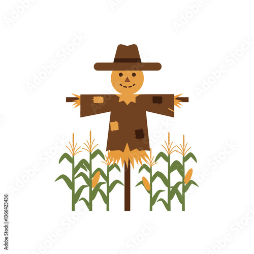 Cheerful scarecrow standing amidst tall corn plants in a flat, minimal style vector art