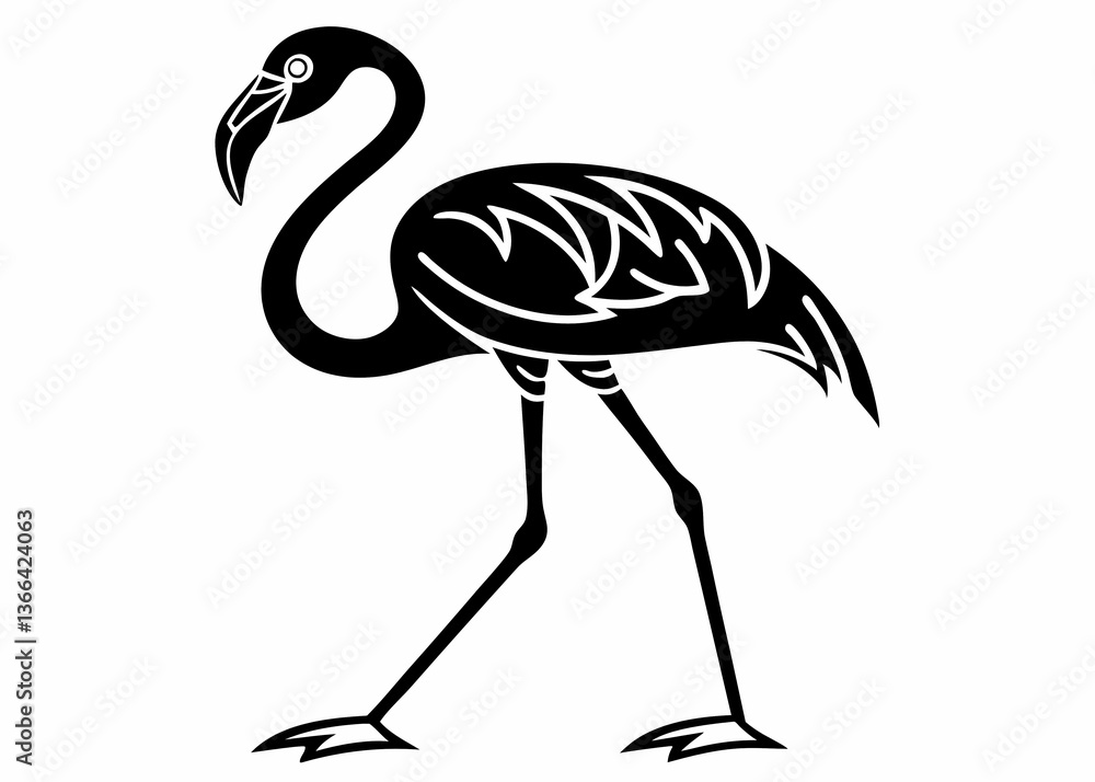 Obraz premium Stylized flamingo vector drawing exotic tropical bird with curved neck silhouette artistic concept