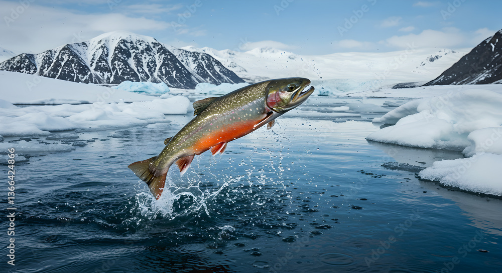 Fototapeta premium Arctic Char's incredible leaping display in icy water beneath snow mountains