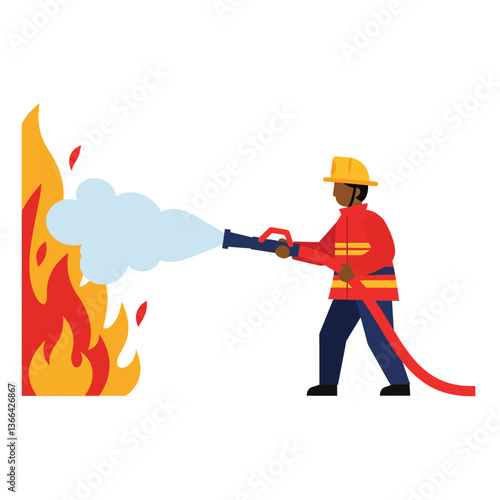 Firefighter actively extinguishing flames with a hose in a dynamic flat vector illustration showcasing bravery and urgency in a rescue scenario