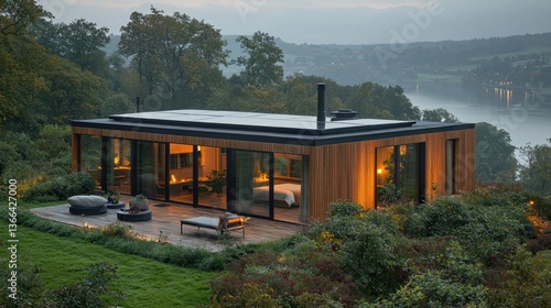 Modern cabin nestled on a hillside overlooking a serene valley