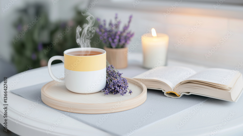 Fototapeta premium Cozy Relaxation Scene with Tea and Book