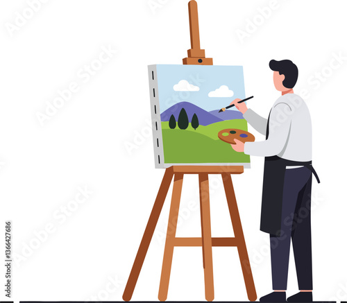 Artist painting a vibrant landscape scene on an easel with a brush in hand, flat vector illustration