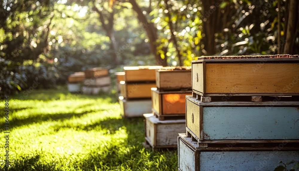 A green field with several wooden beehives, bees swarming on the hives, a blurred background of trees and grass A green field with several wooden beehives, bees swarming on the hives, a blurred background of trees and grass
