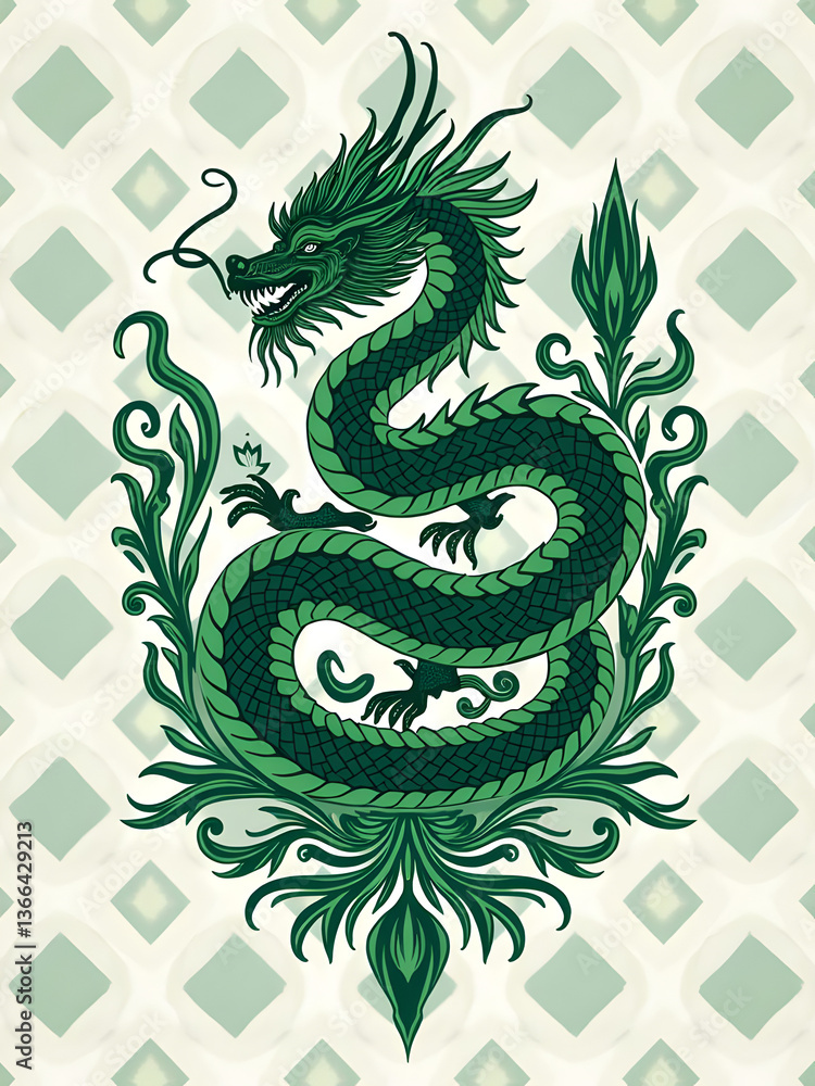 Obraz premium Majestic Black and Gold Thai Naga in Ancient Art Style on Checkered White Background