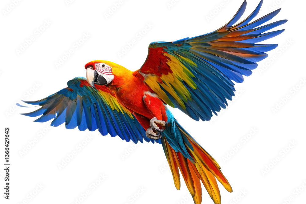 Fototapeta premium Colorful flying parrot isolated on a white background showcasing vibrant feathers and natural beautyCopyAskExplain