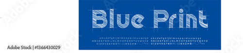 Digital blueprint font with hatching on project sketch grid. Technical industrial typography for engineering, architecture, construction projects. Vector typeset