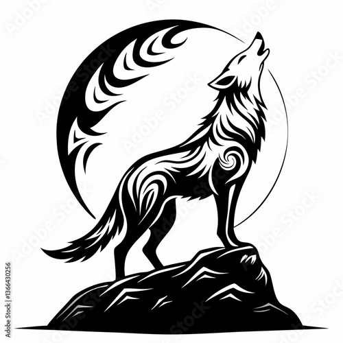 Elegant wolf howling at moon, vector tribal silhouette design on rocky outcrop.