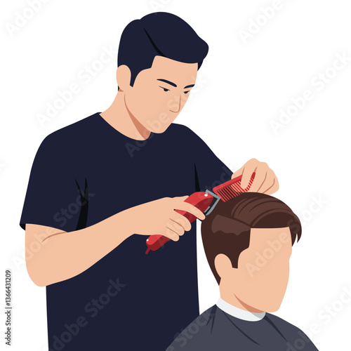 A barber skillfully cutting hair with a comb and clippers in a minimal, flat design vector illustration