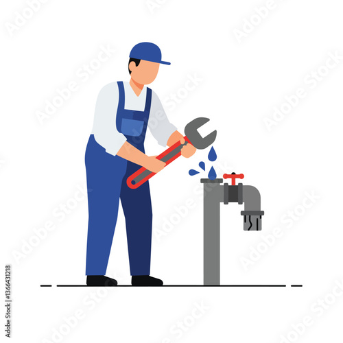 A man in blue overalls using a wrench to fix a leaking pipe in a flat vector art style