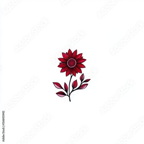 Elegant Crimson Flower with Stem and Leaves on White Background