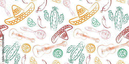 Colorful hand-drawn Mexican seamless pattern. Cinco de Mayo festive background with sombrero, maracas, cactus, chili pepper, guitar, and lime in sketch style