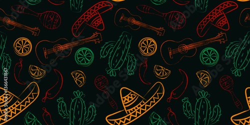 Neon Mexican seamless pattern on black background. Cinco de Mayo festive design with sombrero, maracas, cactus, chili pepper, guitar, and lime in glowing sketch style